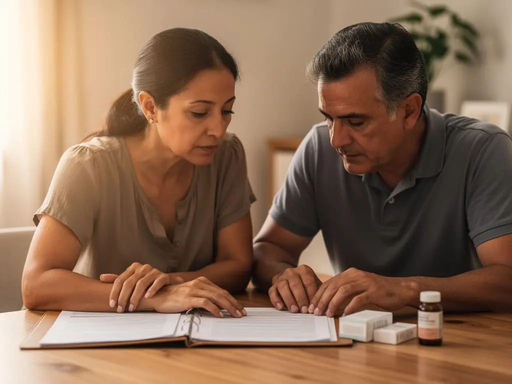 Família reunida à mesa, organizando documentos e medicamentos antes da cirurgia.