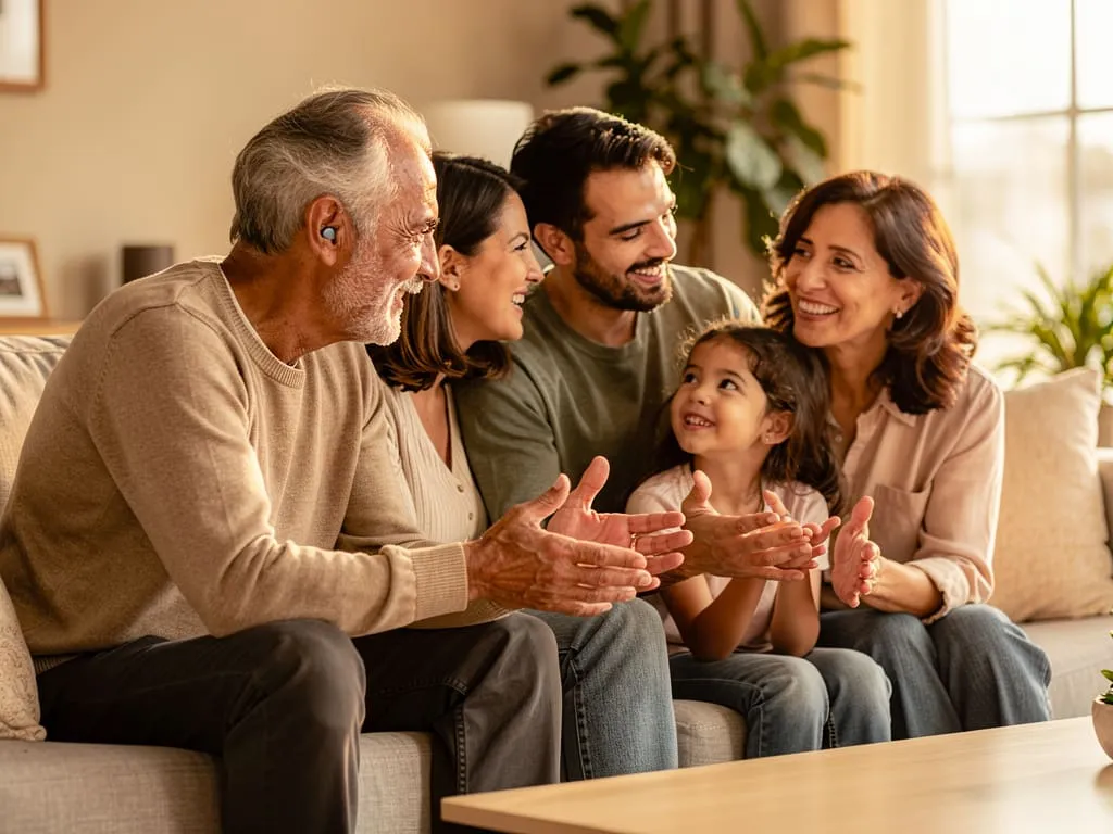 Família reunida, com o avô feliz usando aparelho auditivo.